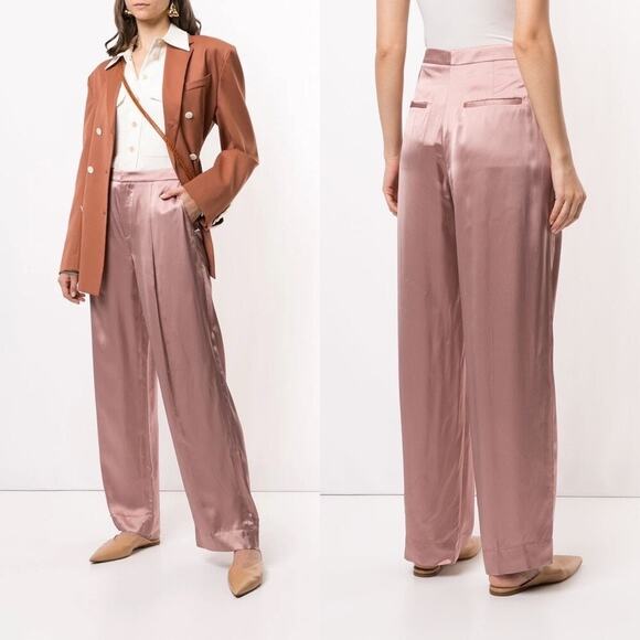 Vince Pants - VINCE Liquid Shine Straight Leg Trousers Size 10 Pink Satin Wide Leg Career Wear